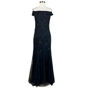 Adrianna Papell Beaded Off the Shoulder Evening Gown Blue Size 6 Formal Dress